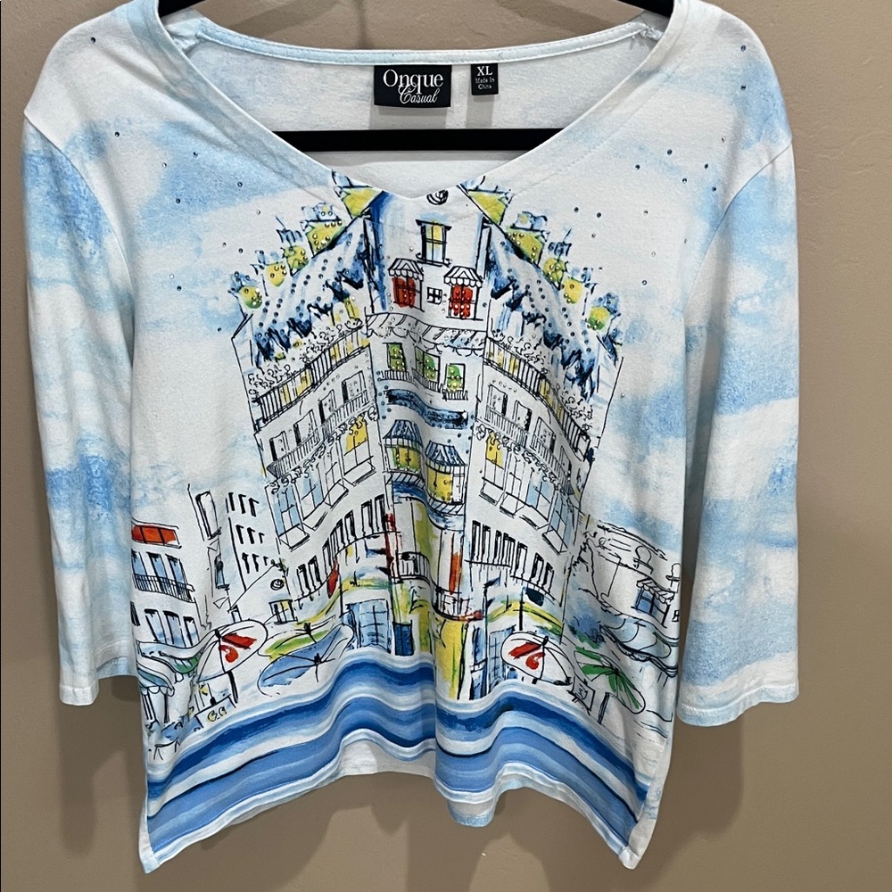Onque Casuals Artistic Blue and White Blouse